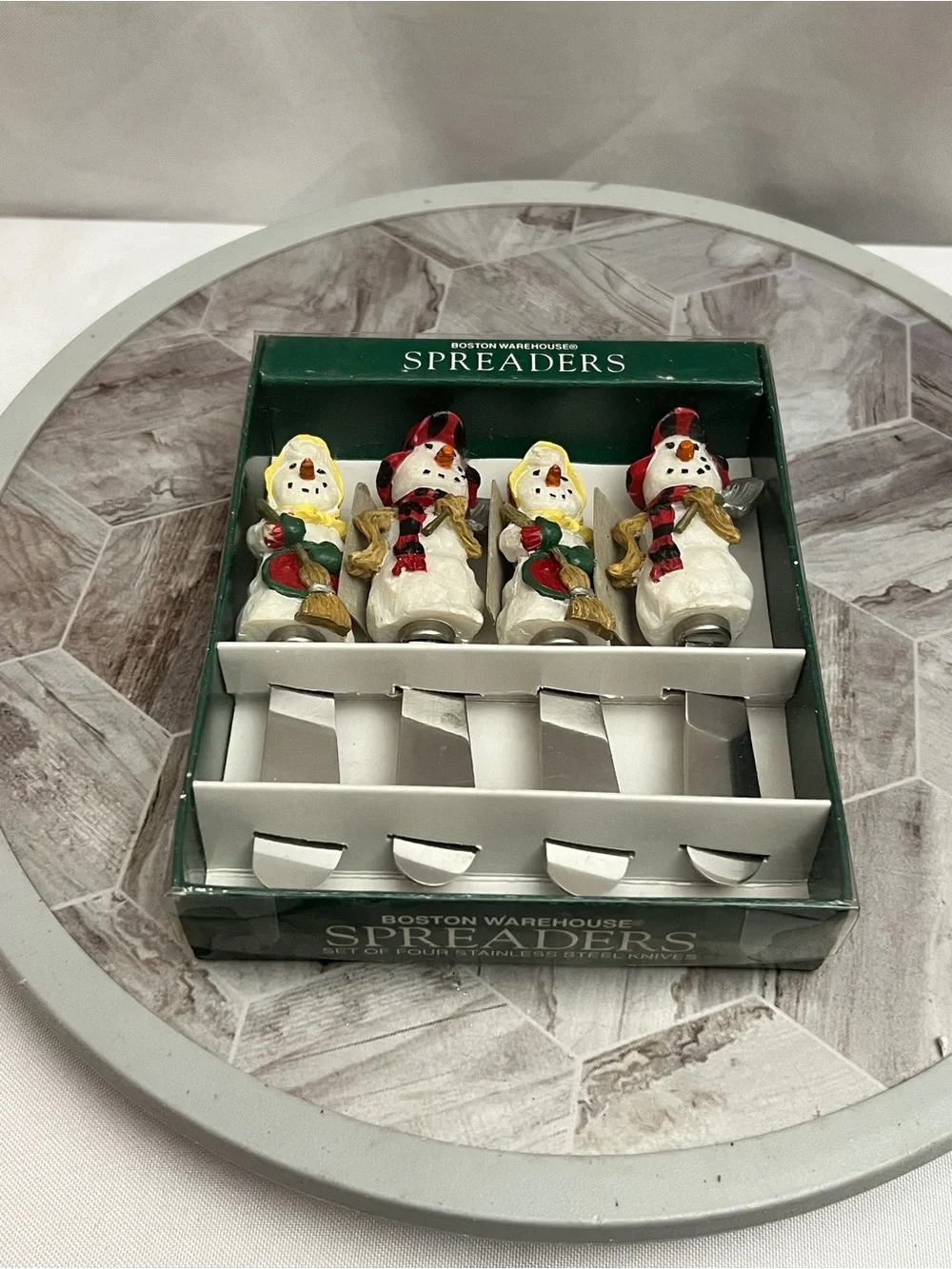 Vintage 1997 Boston Warehouse Folk Snowman Spreaders Set of 4 Boxed